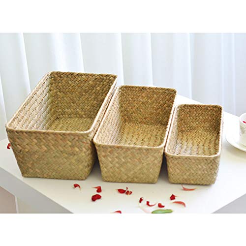 Wankd 1PCS Cestas rectangulares de mimbre natural tejidas a mano para organizar la cocina y el hogar, cesta de mimbre de ratán small Nature