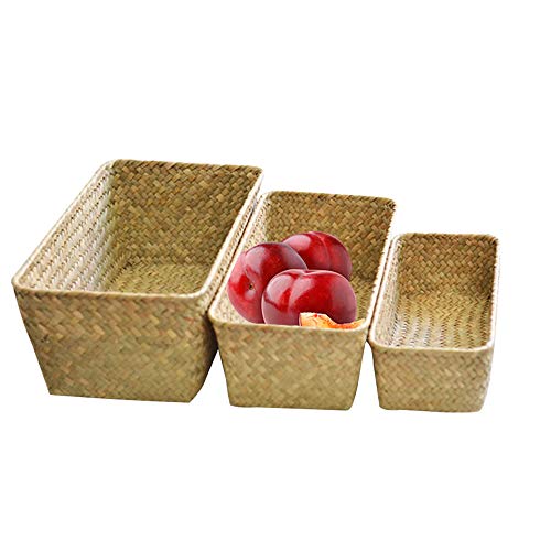 Wankd 1PCS Cestas rectangulares de mimbre natural tejidas a mano para organizar la cocina y el hogar, cesta de mimbre de ratán small Nature
