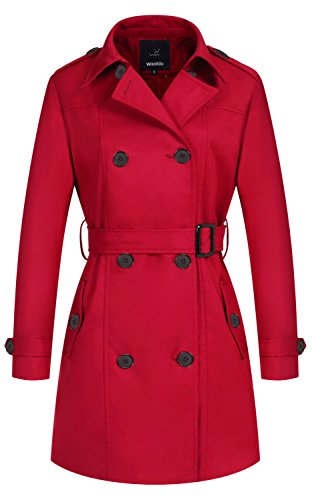 Wantdo Gabardina Abrigo Chaqueta Fina Cinturón Solapa Mujer Rojo X-Large