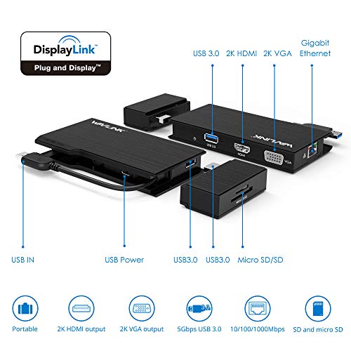 WAVLINK USB 3.0 Universal 2K Mini Docking for Tablets/Notebooks,Dual Video HDMI/VGA with Gigabit Ethernet,USB 3.0 Port,SD/TF Card Reader,HDMI up to 2560x1440 and VGA 1920x1200,for Windows,Mac