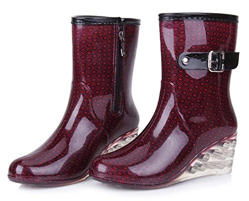 Wealsex Mujer Cuñas Cuatro Estaciones Moda Botas De Lluvia Transparente Zapatos De Agua Cremallera Lateral con Hebilla Antideslizantes Botas Impermeable (Vino Tinto,38)