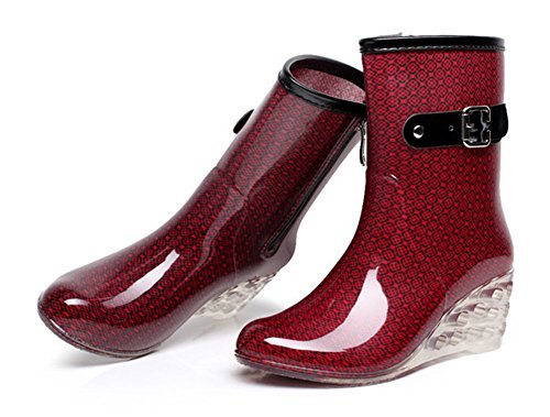 Wealsex Mujer Cuñas Cuatro Estaciones Moda Botas De Lluvia Transparente Zapatos De Agua Cremallera Lateral con Hebilla Antideslizantes Botas Impermeable (Vino Tinto,38)