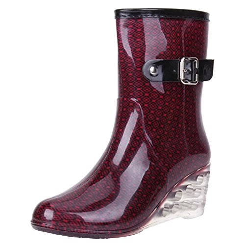 Wealsex Mujer Cuñas Cuatro Estaciones Moda Botas De Lluvia Transparente Zapatos De Agua Cremallera Lateral con Hebilla Antideslizantes Botas Impermeable (Vino Tinto,38)