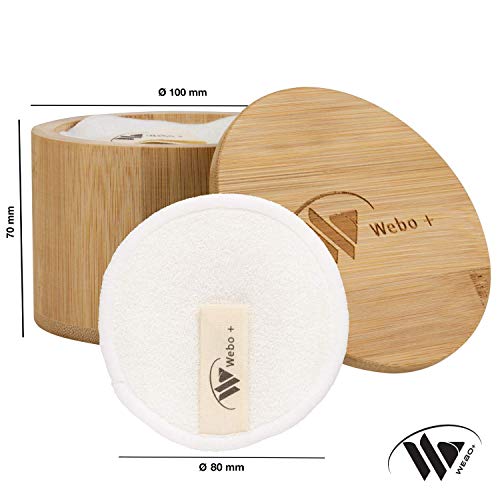 Webo+ | Almohadillas desmaquillantes lavables (10 unidades) | con eBook y caja de bambú para almacenamiento | almohadillas de algodón reutilizables para todo tipo de piel