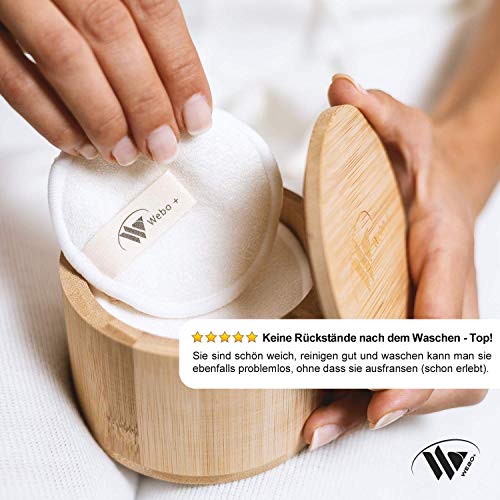 Webo+ | Almohadillas desmaquillantes lavables (10 unidades) | con eBook y caja de bambú para almacenamiento | almohadillas de algodón reutilizables para todo tipo de piel