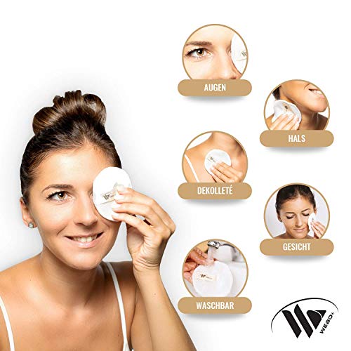 Webo+ | Almohadillas desmaquillantes lavables (10 unidades) | con eBook y caja de bambú para almacenamiento | almohadillas de algodón reutilizables para todo tipo de piel