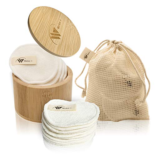 Webo+ | Almohadillas desmaquillantes lavables (10 unidades) | con eBook y caja de bambú para almacenamiento | almohadillas de algodón reutilizables para todo tipo de piel