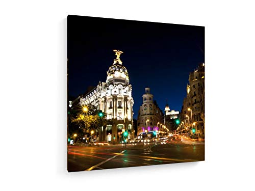 weewado Gran vía la Calle en Madrid, España en la Noche - 70x70 cm - Impresión en Lienzo Textil - Muro de Arte - City Trip & Travel
