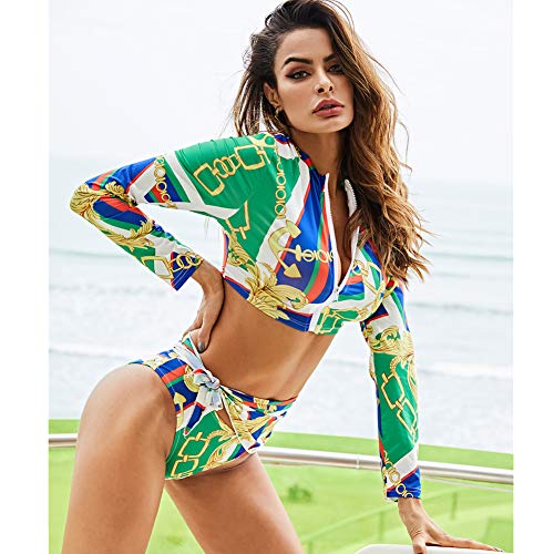 wei Mujeres UPF 50 Guardia de Erupción Largo Manga Playa Vestir Alto Elasticidad Sexy Código Postal Frente Dom Proteccion Nadar Camisa Conjunto con Turbante,Verde,L
