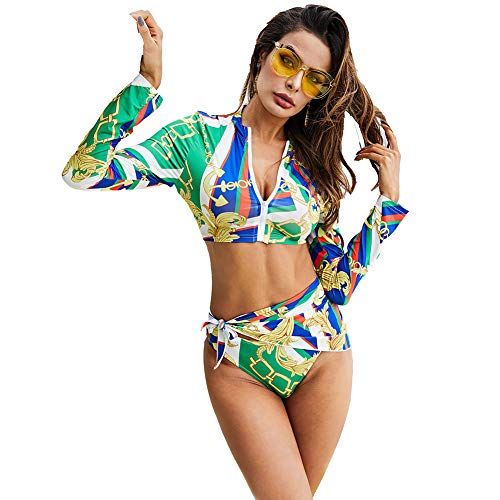 wei Mujeres UPF 50 Guardia de Erupción Largo Manga Playa Vestir Alto Elasticidad Sexy Código Postal Frente Dom Proteccion Nadar Camisa Conjunto con Turbante,Verde,L