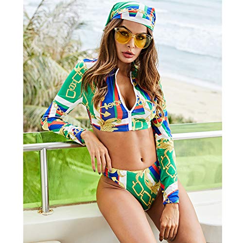 wei Mujeres UPF 50 Guardia de Erupción Largo Manga Playa Vestir Alto Elasticidad Sexy Código Postal Frente Dom Proteccion Nadar Camisa Conjunto con Turbante,Verde,L