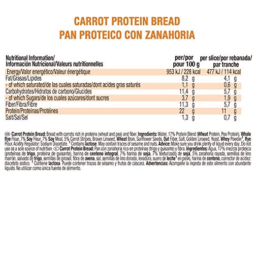 Weider Pan Proteico con 11g de proteína y un 5% de zanahoria por rebanada. Con mucha fibra y bajo en azúcares. (5x250 g)