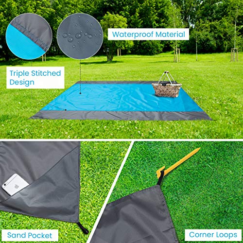 Wemk Alfombra de Playa al Aire Libre 210X200CM Anti-Arena y IPX8 Certificado a Prueba de Agua, Alfombras de Picnic con 2 Fundas Impermeables para Teléfonos Móviles y 4 Estaca Fijo para la Playa