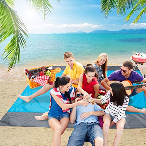 Wemk Alfombra de Playa al Aire Libre 210X200CM Anti-Arena y IPX8 Certificado a Prueba de Agua, Alfombras de Picnic con 2 Fundas Impermeables para Teléfonos Móviles y 4 Estaca Fijo para la Playa