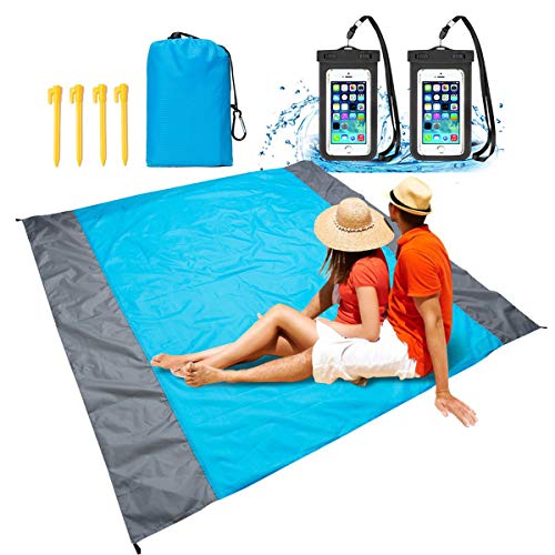 Wemk Alfombra de Playa al Aire Libre 210X200CM Anti-Arena y IPX8 Certificado a Prueba de Agua, Alfombras de Picnic con 2 Fundas Impermeables para Teléfonos Móviles y 4 Estaca Fijo para la Playa