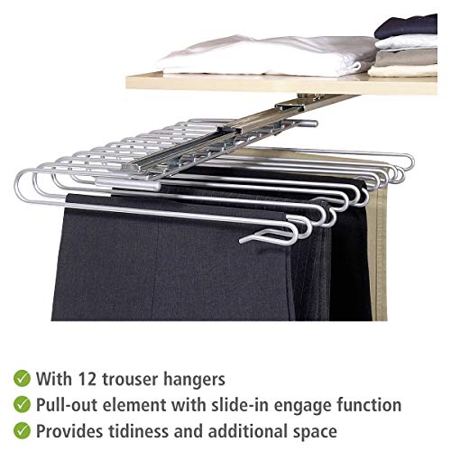 WENKO 5971100 Percha para pantalones con corredera para armario - para 12 pantalones, riel de corredera desmontable, Metal cromado, 33 x 10 x 47 cm, Plata brillante