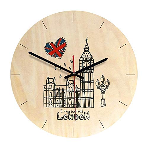 WENSENTE Reloj de Pared Redondo de Madera de 11 Pulgadas Famoso Reloj de Pared Retro Arquitectura patrón Pantalla de Aguja de Movimiento silencioso sin números C China