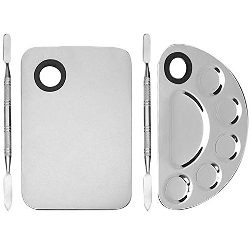 Wenxiaw Paleta Mezclar Maquillaje Paleta de Maquillaje de Acero Inoxidable Paleta de Mezcla de Maquillaje 2 Tipos para Sombra de Ojos, Pestañas, Lápices Labiales, Arte de Uñas (Plata)