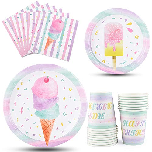 WERNNSAI Helado Servilletas de Platos y Taza - Helado y Paleta de Hielo Tema Suministros para la Fiesta para Chicas Cumpleaños Desechable Vajilla Vajilla Postre Platos Servilletas 16 Invitados 64 PCS
