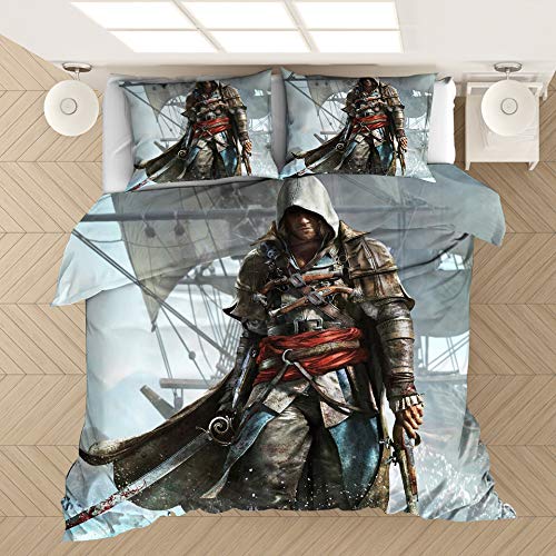 WFBZ Assassin's Creed - Juego de funda de edredón y funda de almohada para jugadores de videojuegos decorativos, 3 piezas, juego de ropa de cama con 2 fundas de almohada, algodón, 02, 140_x_210_cm