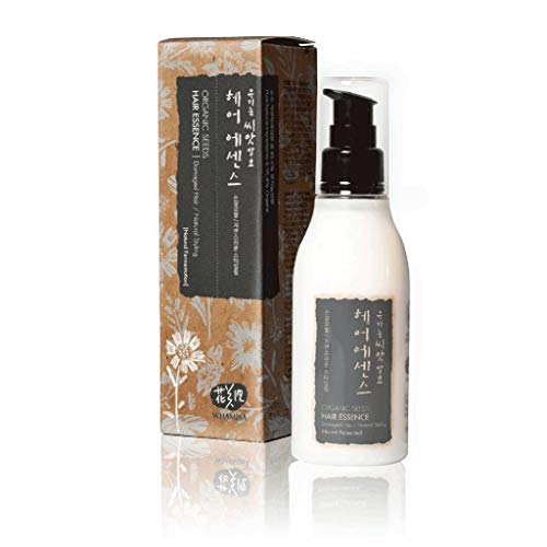 WHAMISA Organic Seeds Hair Essence – Cuidado hidratante para cabello seco rizos naturales rizos spliss pelo dañado – Tratamiento intensivo para el cabello coreano cosmético natural – 120 ml