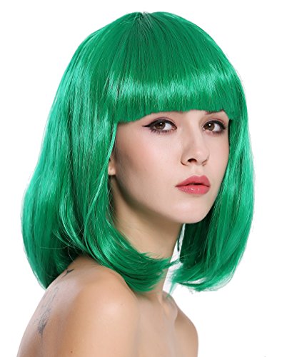 WIG ME UP- 0073-3-PC18 Peluca Mujer Carnaval Halloween Disco Party Corto Longbob Bob Flequillo Verde