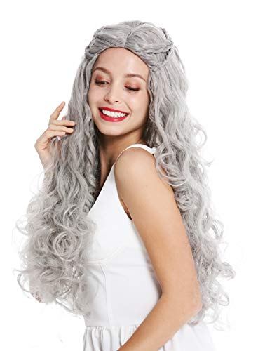 WIG ME UP - 91323-ZA68E Peluca Mujer Pelo Muy Largo Ondulado Trenzado Raya en Medio Romanticismo Cuento Princesa Hippie Gris