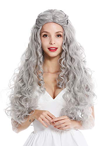 WIG ME UP - 91323-ZA68E Peluca Mujer Pelo Muy Largo Ondulado Trenzado Raya en Medio Romanticismo Cuento Princesa Hippie Gris
