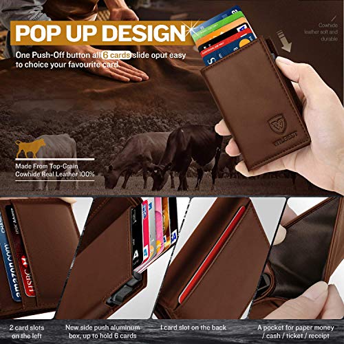 Wilbest® Tarjetero Hombre, Cartera RFID- Cera de Aceite de Capa Superior de Piel de Vaca, Tipo de Empuje de Mano - 10 x 7.3 x 2 cm, 9 Tarjetas, Dinero Plegable (Marrón)