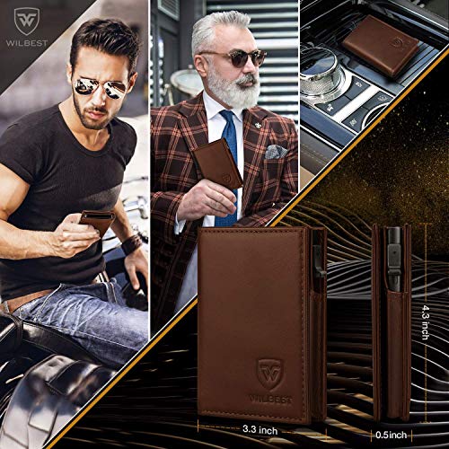 Wilbest® Tarjetero Hombre, Cartera RFID- Cera de Aceite de Capa Superior de Piel de Vaca, Tipo de Empuje de Mano - 10 x 7.3 x 2 cm, 9 Tarjetas, Dinero Plegable (Marrón)