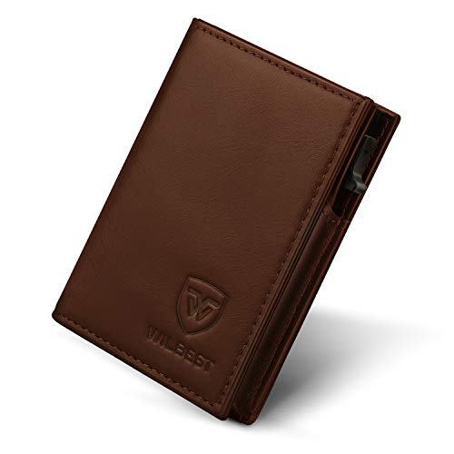 Wilbest® Tarjetero Hombre, Cartera RFID- Cera de Aceite de Capa Superior de Piel de Vaca, Tipo de Empuje de Mano - 10 x 7.3 x 2 cm, 9 Tarjetas, Dinero Plegable (Marrón)