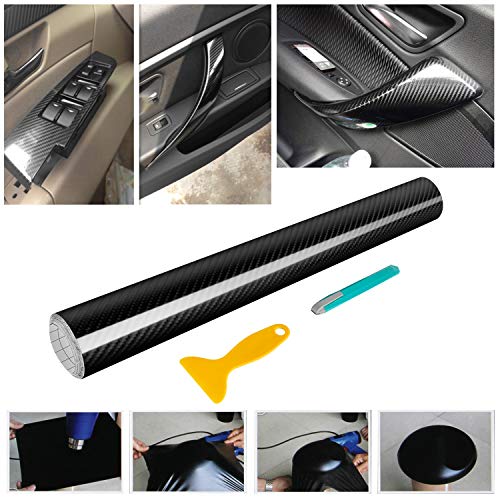 Wilktop Lámina de 5D Carbono, Lámina de Coche de Vinilo Adhesivo Acabado Alta Brillante Fibra de Carbono 5D Automóvil de Lámina de Coche de 0.16mm (152 x 50cm) Negro