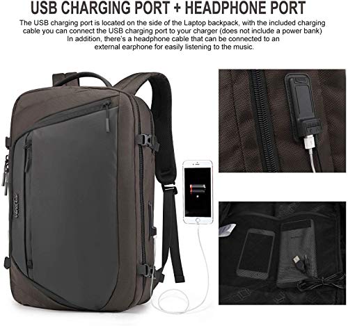 Wind Took Mochila para Portatíl 17 Pulgadas Equipaje de Mano Mochila Viaje Grande Impermeable Poliéster + PU Multifuncional para Trabajo/Vacacinones/Colegio/Viaja de Negocios/Marrón