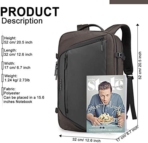 Wind Took Mochila para Portatíl 17 Pulgadas Equipaje de Mano Mochila Viaje Grande Impermeable Poliéster + PU Multifuncional para Trabajo/Vacacinones/Colegio/Viaja de Negocios/Marrón