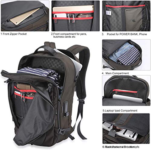 Wind Took Mochila para Portatíl 17 Pulgadas Equipaje de Mano Mochila Viaje Grande Impermeable Poliéster + PU Multifuncional para Trabajo/Vacacinones/Colegio/Viaja de Negocios/Marrón