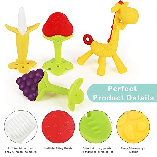 Winload Mordedores Bebe, BPA Gratis, No tóxico Silicona, Juguetes Mordedor de Fruta Refrigerante para Aliviar El Dolor De Encías,con Cuchara Sensora de Calor para Bebés, Infantil, Niñito (5 Piezas)