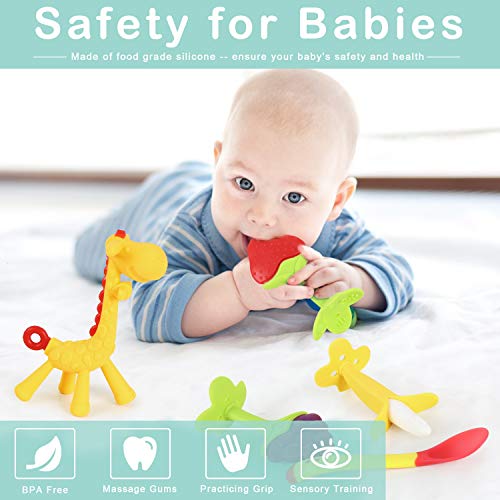 Winload Mordedores Bebe, BPA Gratis, No tóxico Silicona, Juguetes Mordedor de Fruta Refrigerante para Aliviar El Dolor De Encías,con Cuchara Sensora de Calor para Bebés, Infantil, Niñito (5 Piezas)
