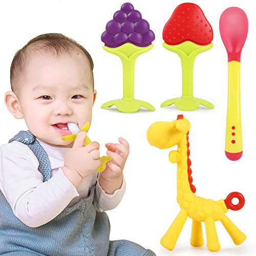 Winload Mordedores Bebe, BPA Gratis, No tóxico Silicona, Juguetes Mordedor de Fruta Refrigerante para Aliviar El Dolor De Encías,con Cuchara Sensora de Calor para Bebés, Infantil, Niñito (5 Piezas)