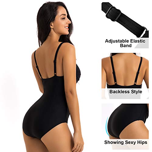 WIN.MAX Traje de baño Acolchado para Reducir Barriga, Traje de baño de Talla Grande para Mujeres Monokinis Vintage Push up (Negro, EU40)