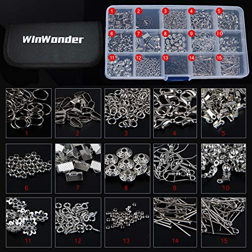 WinWonder 17 piezas de fabricación de joyas, herramientas de hallazgos de joyería con 2 rollos de poliéster elástico Strester Cord cordón de cristal y 750 piezas de joyería para hacer joyas