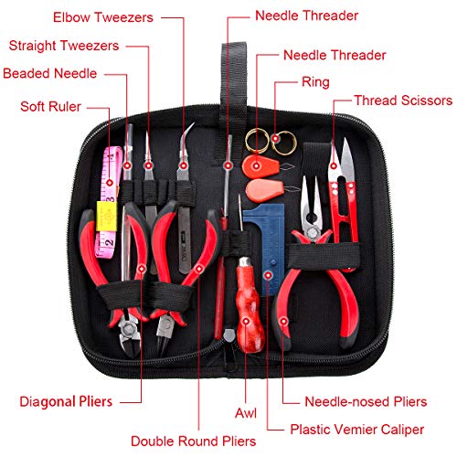 WinWonder 17 piezas de fabricación de joyas, herramientas de hallazgos de joyería con 2 rollos de poliéster elástico Strester Cord cordón de cristal y 750 piezas de joyería para hacer joyas