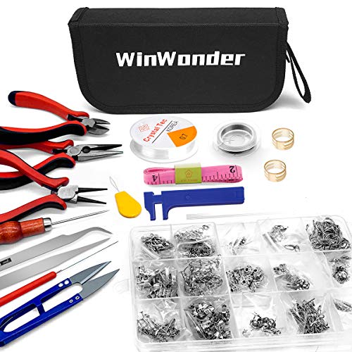WinWonder 17 piezas de fabricación de joyas, herramientas de hallazgos de joyería con 2 rollos de poliéster elástico Strester Cord cordón de cristal y 750 piezas de joyería para hacer joyas