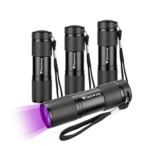 Winzwon 4 Pack Led Ultravioleta Linterna UV flashlight 9 LED Ultravioleta Detectar manchas de orina de mascotas, Luz negra(12 pilas AAA incluidas)