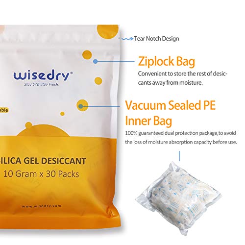 wisedry 10 Gramos x 30 Paquetes Gel De Sílice bolsitas con Perla de Naranja Indicador de Humedad Deshumidificadores, Grado alimenticio