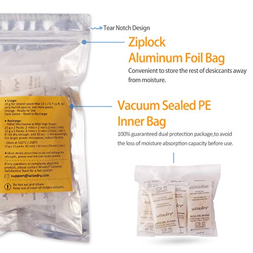 wisedry 20 gramos [12PACKS] Paquetes desecantes de gel de sílice recargable Bolsas desecantes Naranja a verde indicando para secado de aire Grado alimenticio