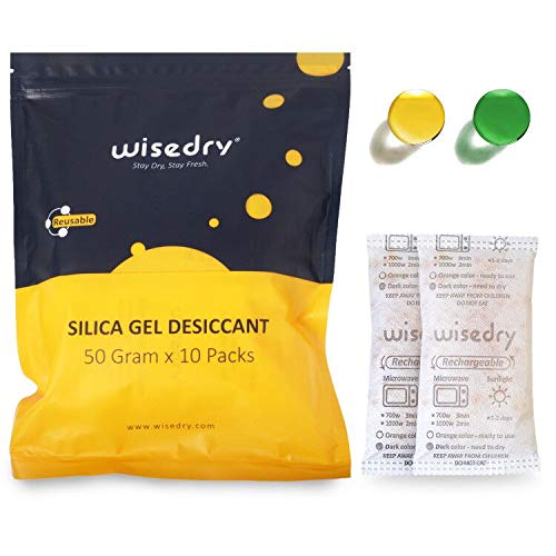 wisedry 50 gramos [10PACKS] Paquetes desecantes de gel de sílice recargables Reactivación rápida de bolsas desecantes Naranja a verde indicando para secado de aire Grado alimenticio