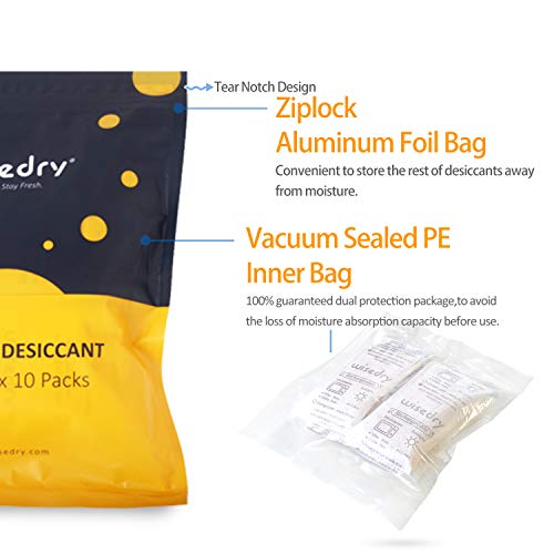wisedry 50 gramos [10PACKS] Paquetes desecantes de gel de sílice recargables Reactivación rápida de bolsas desecantes Naranja a verde indicando para secado de aire Grado alimenticio