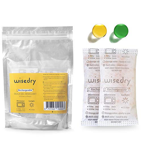 wisedry 50 Gramos[4 Paquetes] Gel De Sílice bolsitas Desecante Reutilizable con Microondas Reactivado rápido En 2mins & Naranja a Verde Que Indicador de Absorción de Humedad Deshumidificador de Grado