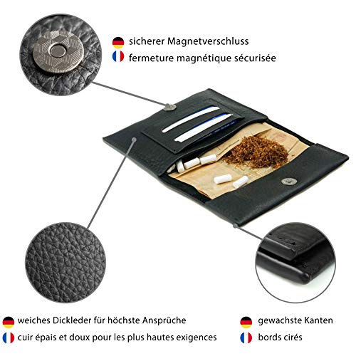 WLDOHO Bolsa de Tabaco para Liar I Cuero Genuino Nappa I Tabaquera con Compartimento para Papeles, Tabaco Suelto, Filtros y Mechero I Estuche Clásico de Accesorios Fumadores Hombres y Mujeres (Negro)