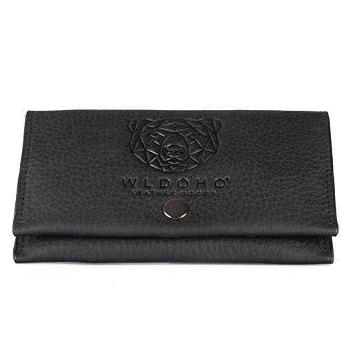 WLDOHO Bolsa de Tabaco para Liar I Cuero Genuino Nappa I Tabaquera con Compartimento para Papeles, Tabaco Suelto, Filtros y Mechero I Estuche Clásico de Accesorios Fumadores Hombres y Mujeres (Negro)